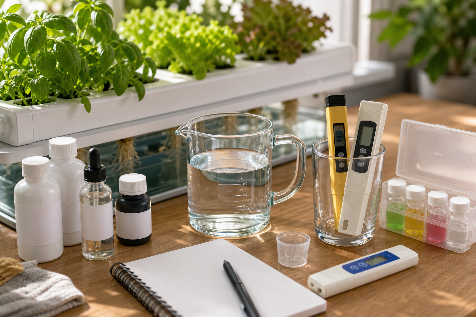 Mesa de trabajo con medidor de pH, medidor EC y solución nutritiva para hidroponía