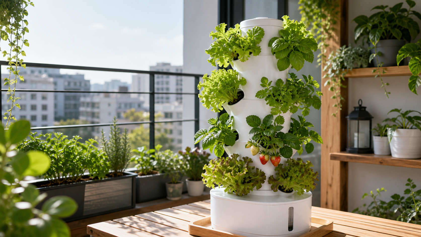 Torre hidropónica vertical con hojas verdes y fresas en un balcón moderno